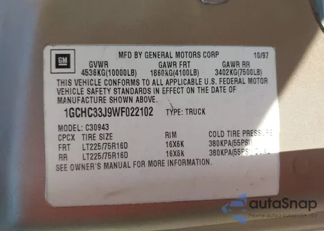 1998 Chevrolet C3500 z USA, uszkodzony, nr VIN 1GCHC33J9WF022102